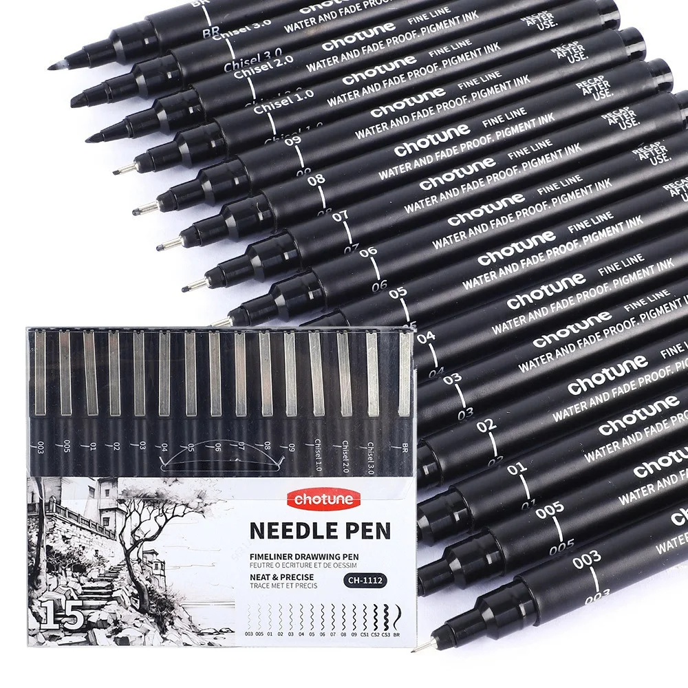 Correction Pen Fine - Zwarte micropennen, 15 maten, waterdichte archiefinkt,