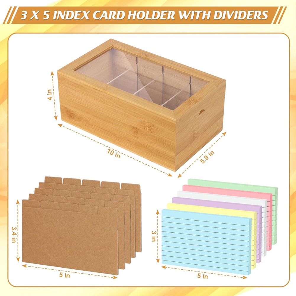 Card Index Box - ABUA Bamboo Indexkaart Organizer, 3x5 Indexkaarthouderdoos